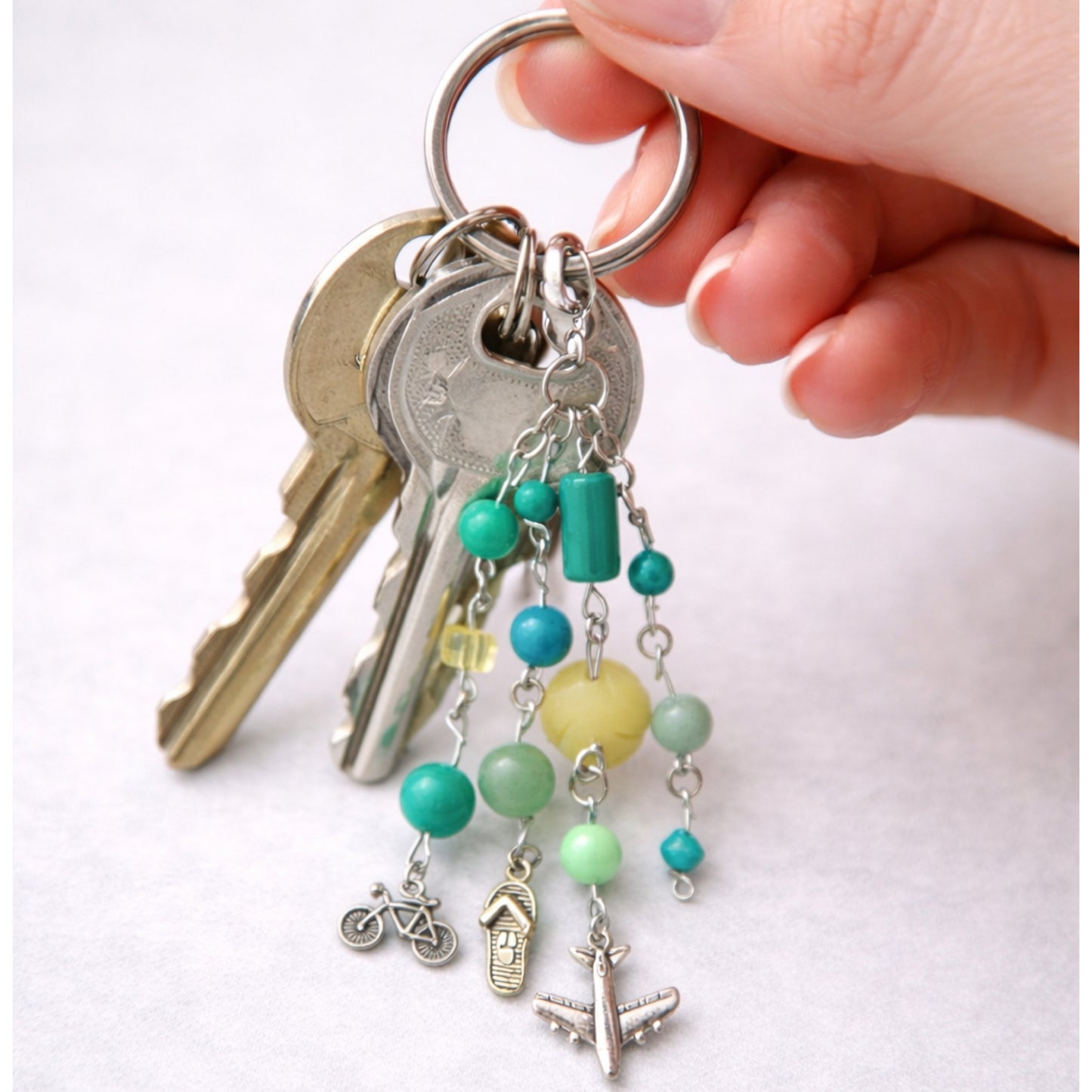 Green Beaded Travel Airplane Flip Flop Charm - Keychain Bag Charm Zipper Pull