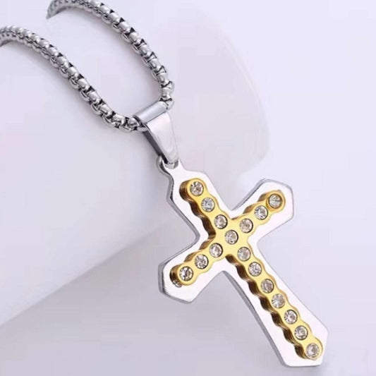 Double Layer Two Tone CZ Cross Necklace