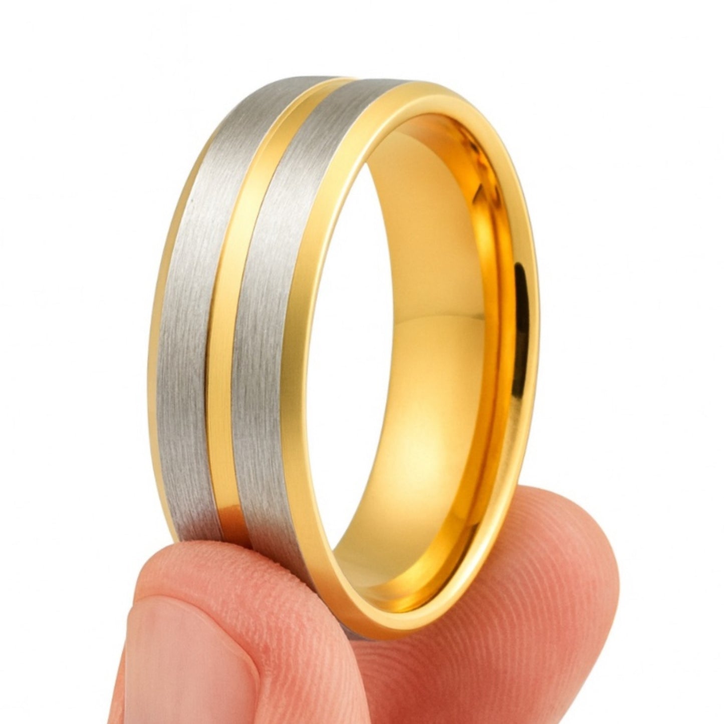 Men’s Wedding Band | 8mm Brushed Silver Stainless Steel Ring with Shiny Gold Edges