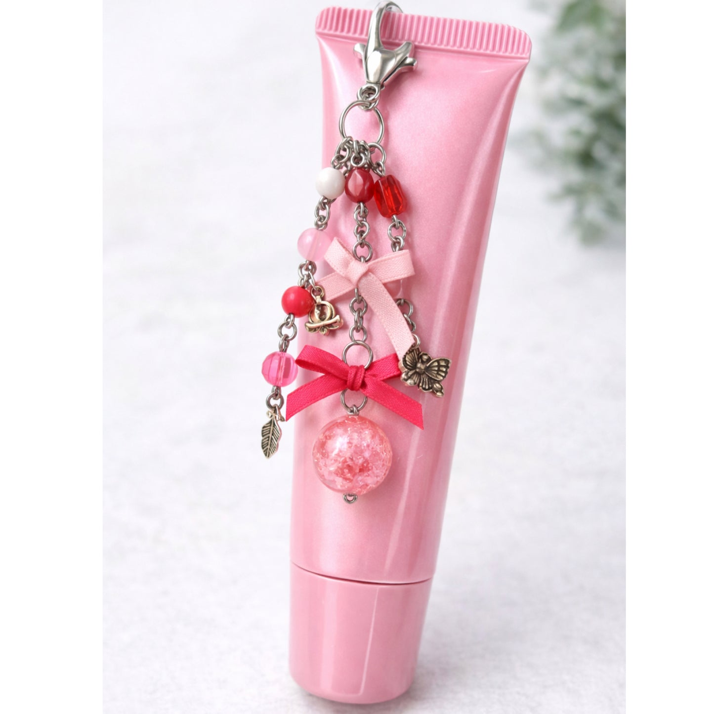 Pink Bow Butterfly Beaded Charm - Keychain Bag Charm Zipper Pull