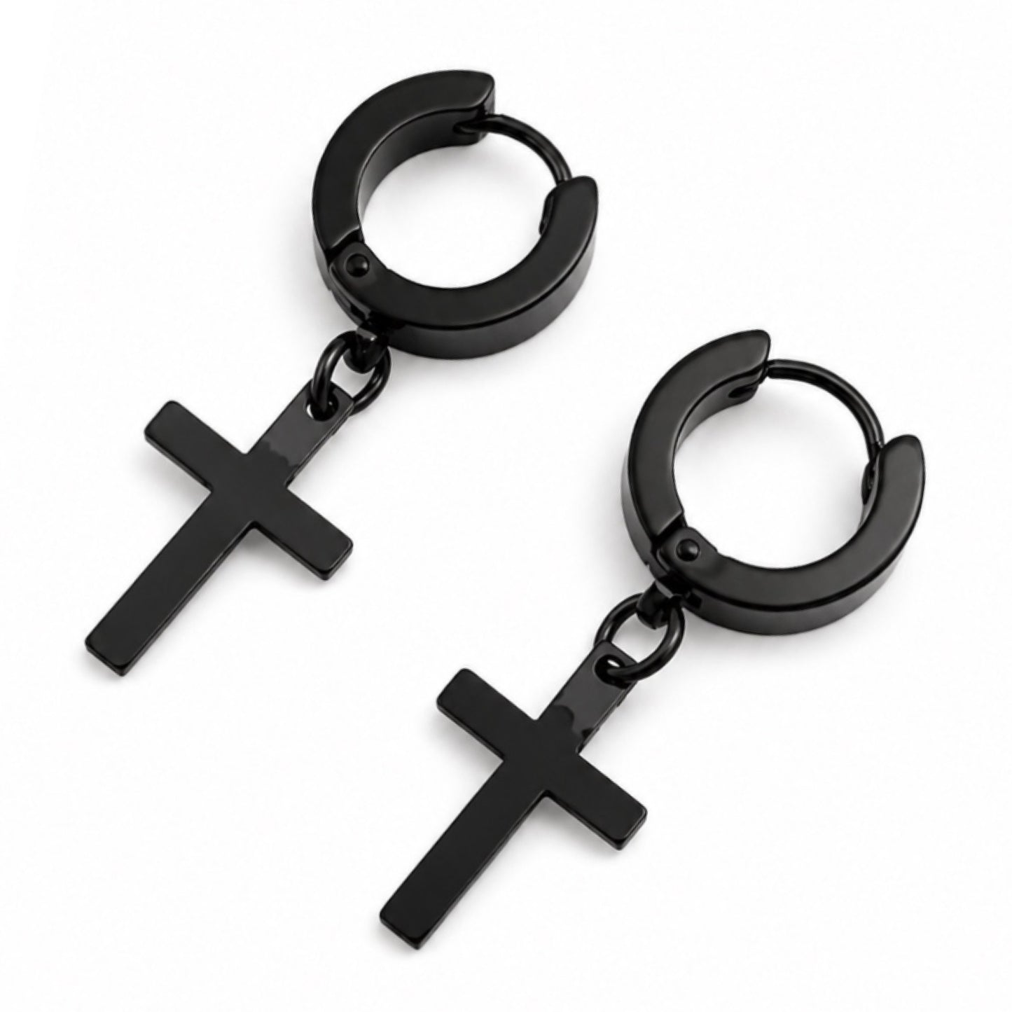 Black Cross Dangle Huggie Hoop Earrings – 20G 8mm