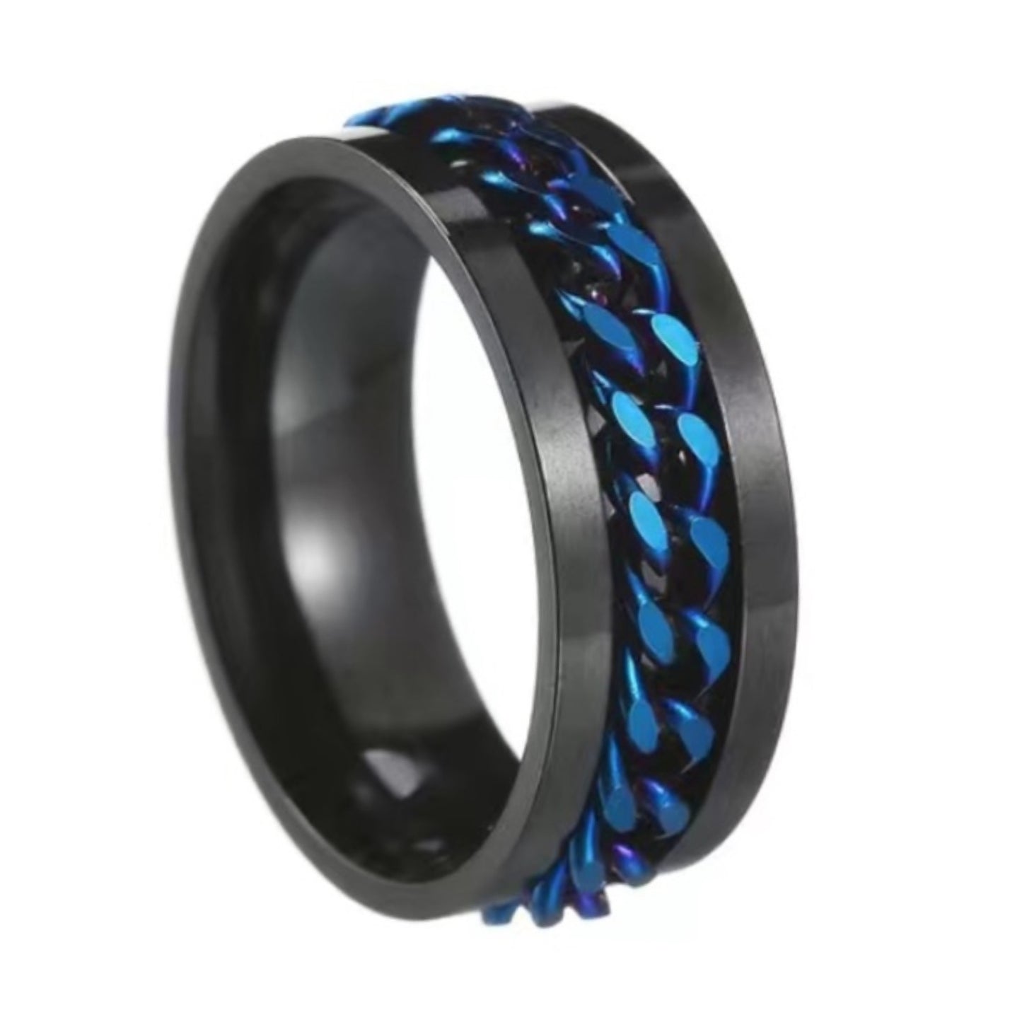 Black Stainless Steel Blue Chain Spinner Ring – Men’s Fidget Band