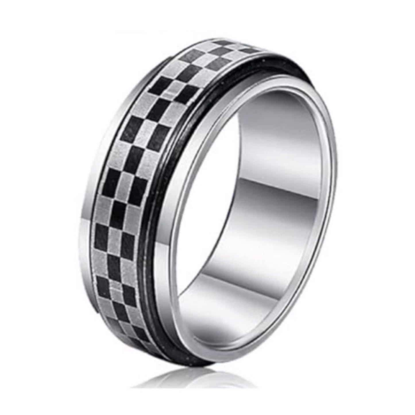 Silver Black Checkered Spinner Ring