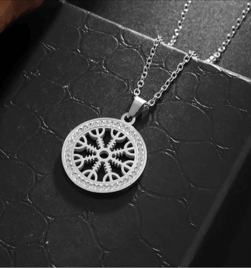 Silver CZ Viking Compass Pendant Necklace
