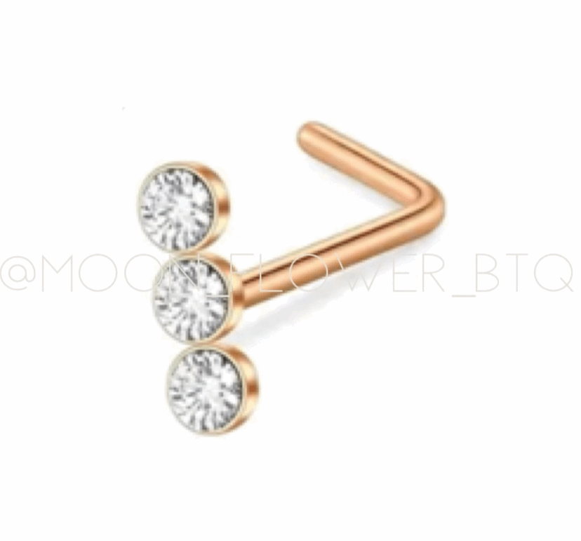 Triple CZ Rose Gold L Shaped Nose Ring