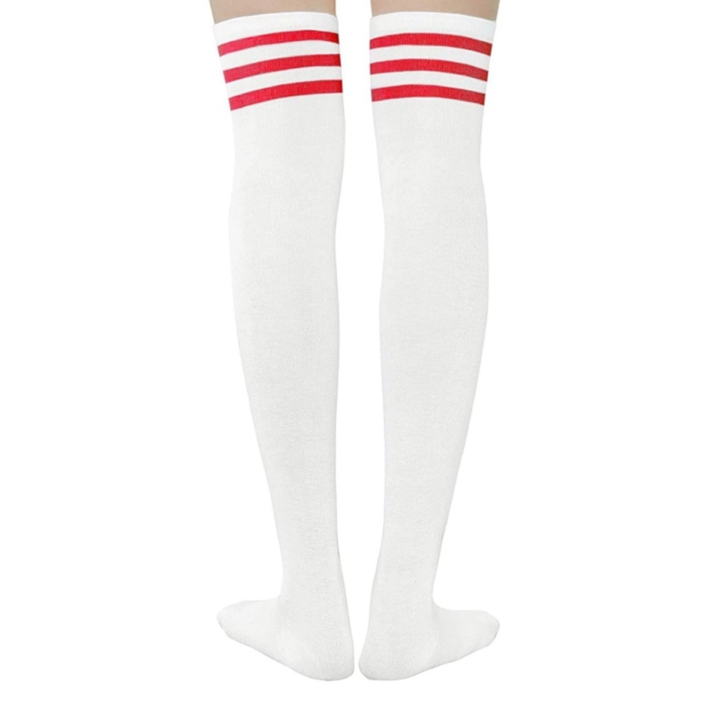 White Nylon Thigh High Stockings with Red Stripes – Retro Athletic Over the Knee Hosiery
