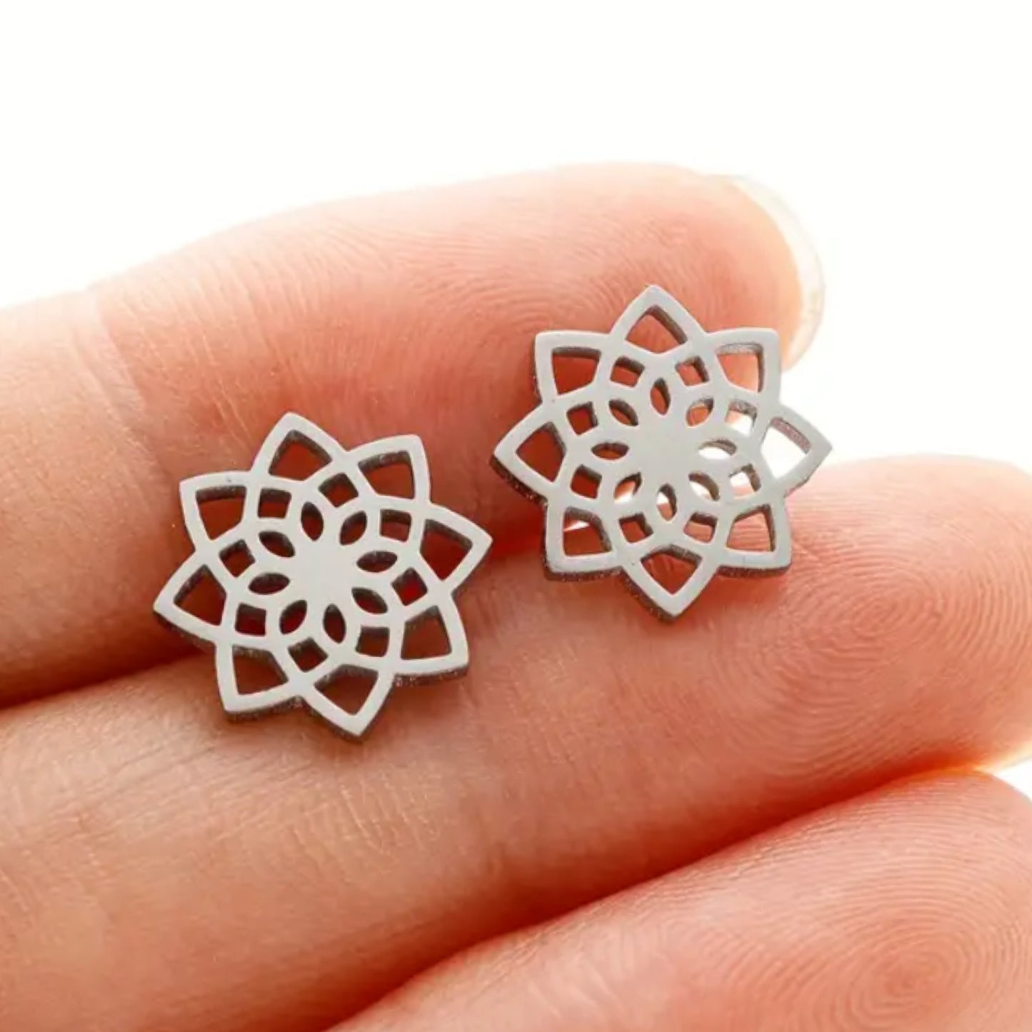 Lotus Flower Geometric Stud Earrings – Minimalist Silver Cutout Design