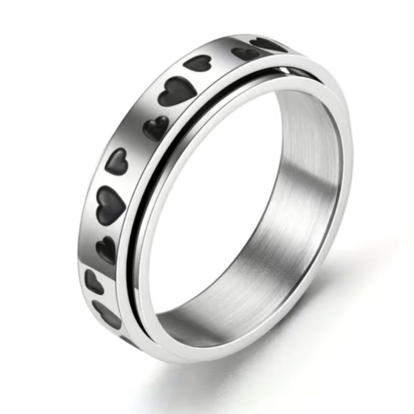Stainless Steel Spinner Ring – Women’s Black Heart Fidget Band, Anxiety Relief Jewelry
