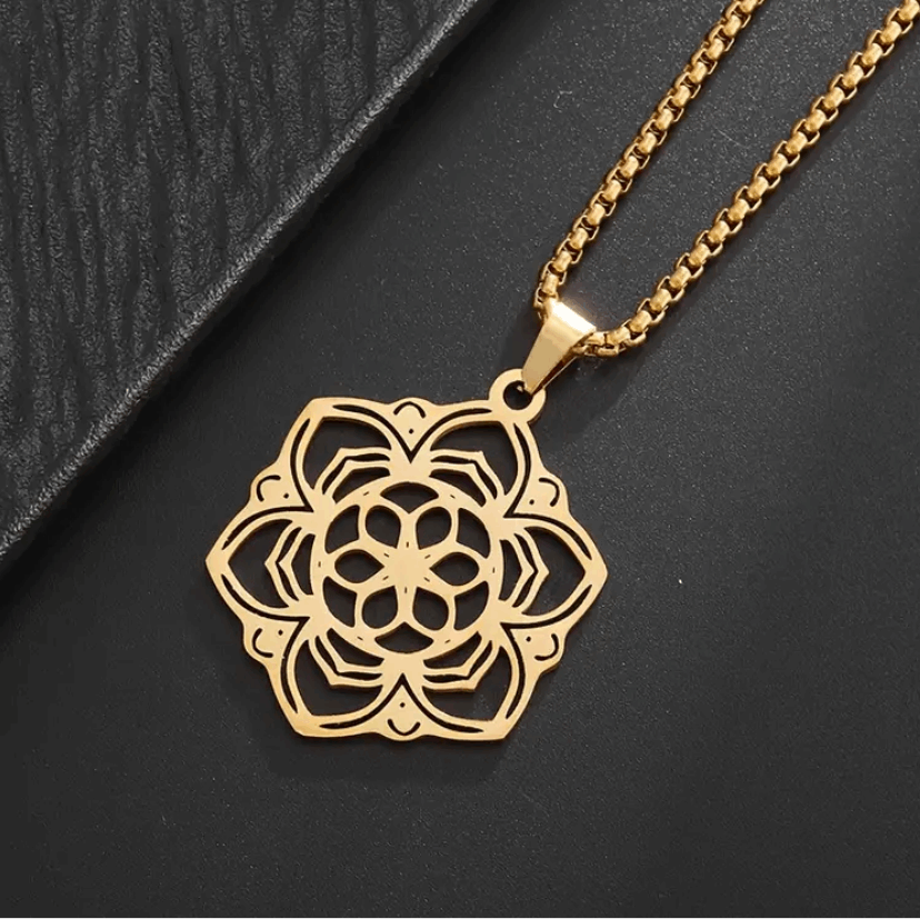 Gold Mandala Flower Pendant Necklace