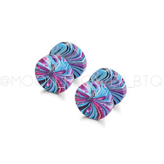 Blue Purple Marble Flat Barbell Earrings