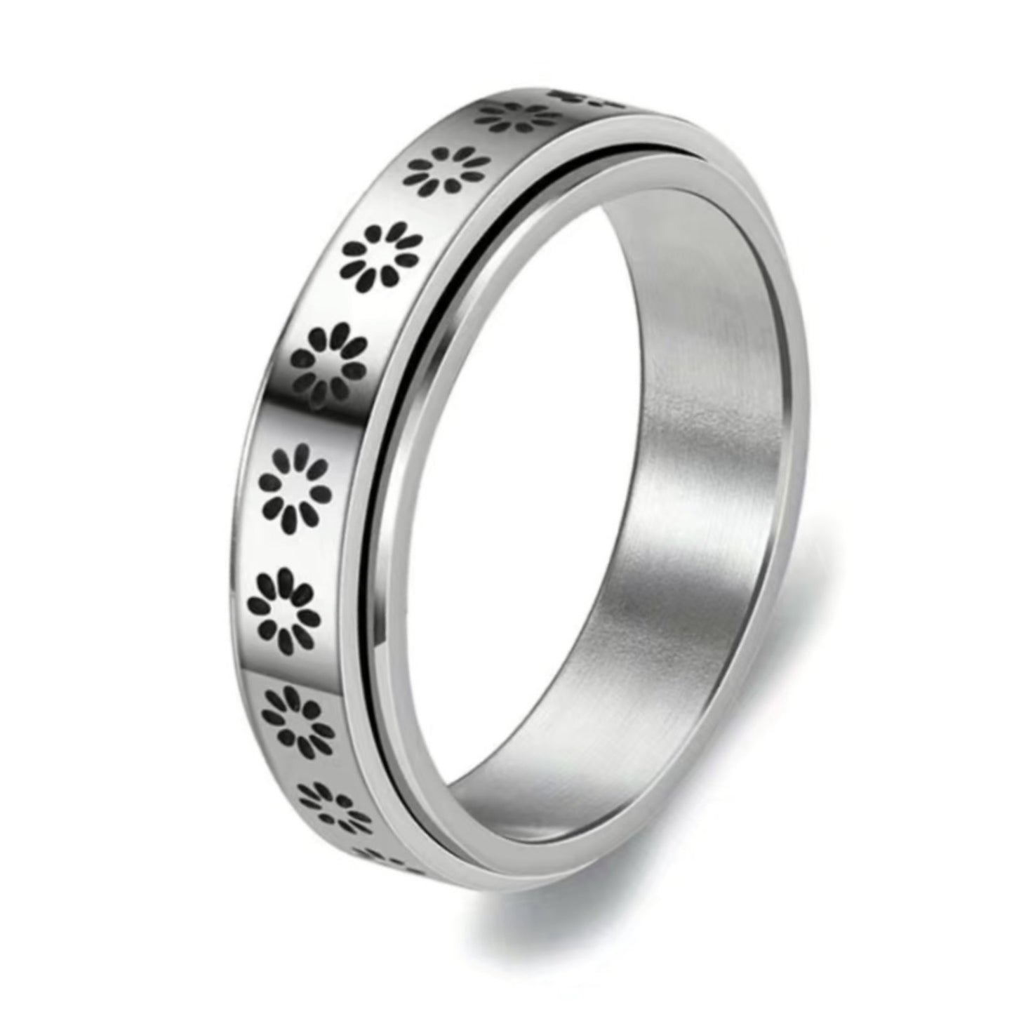 Stainless Steel Floral Spinner Ring – Flower Pattern Fidget Band
