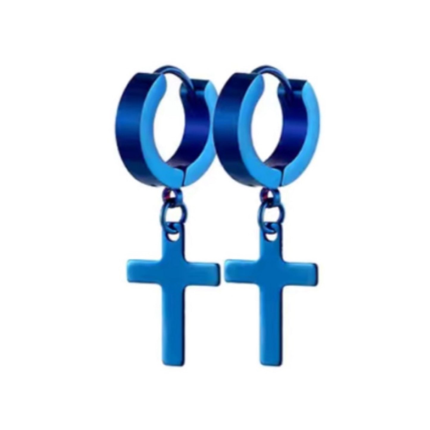 Blue Cross Dangle Huggie Hoop Earrings - 20G 8mm
