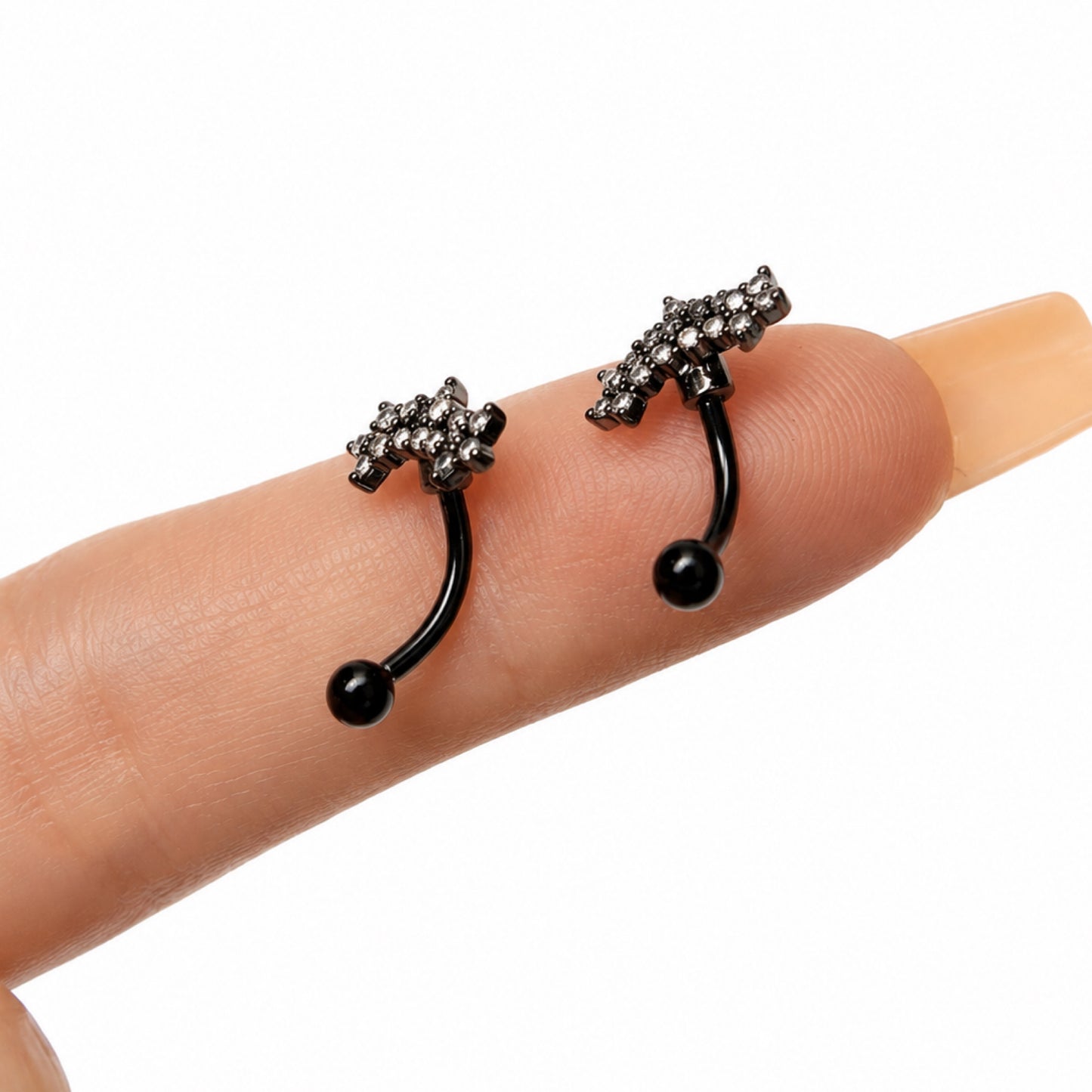 Black CZ Flower Curved Barbell Earrings – 16G