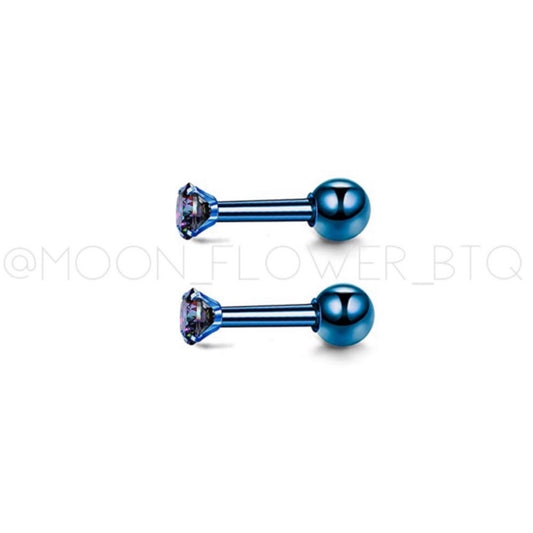 Blue CZ Barbell Earrings 2mm