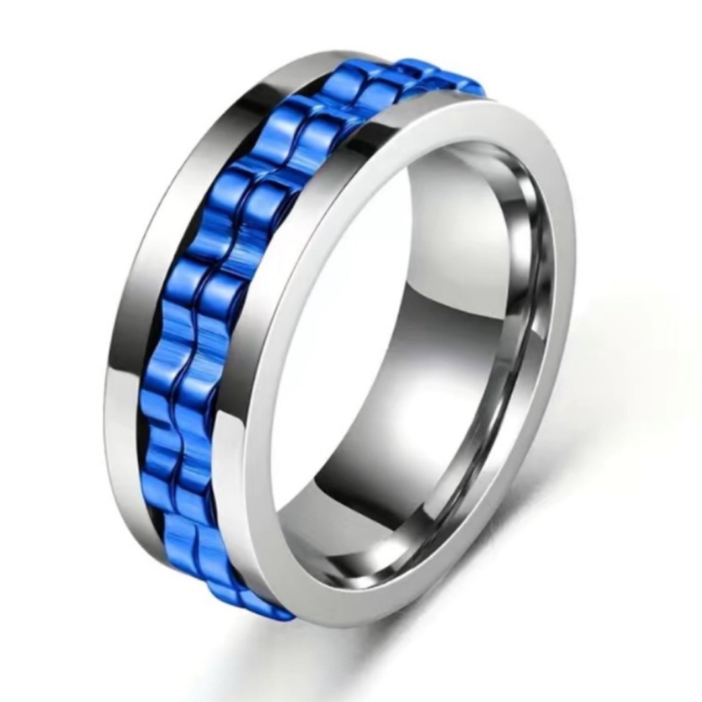 Stainless Steel Blue Gear Spinner Ring – Silver Band