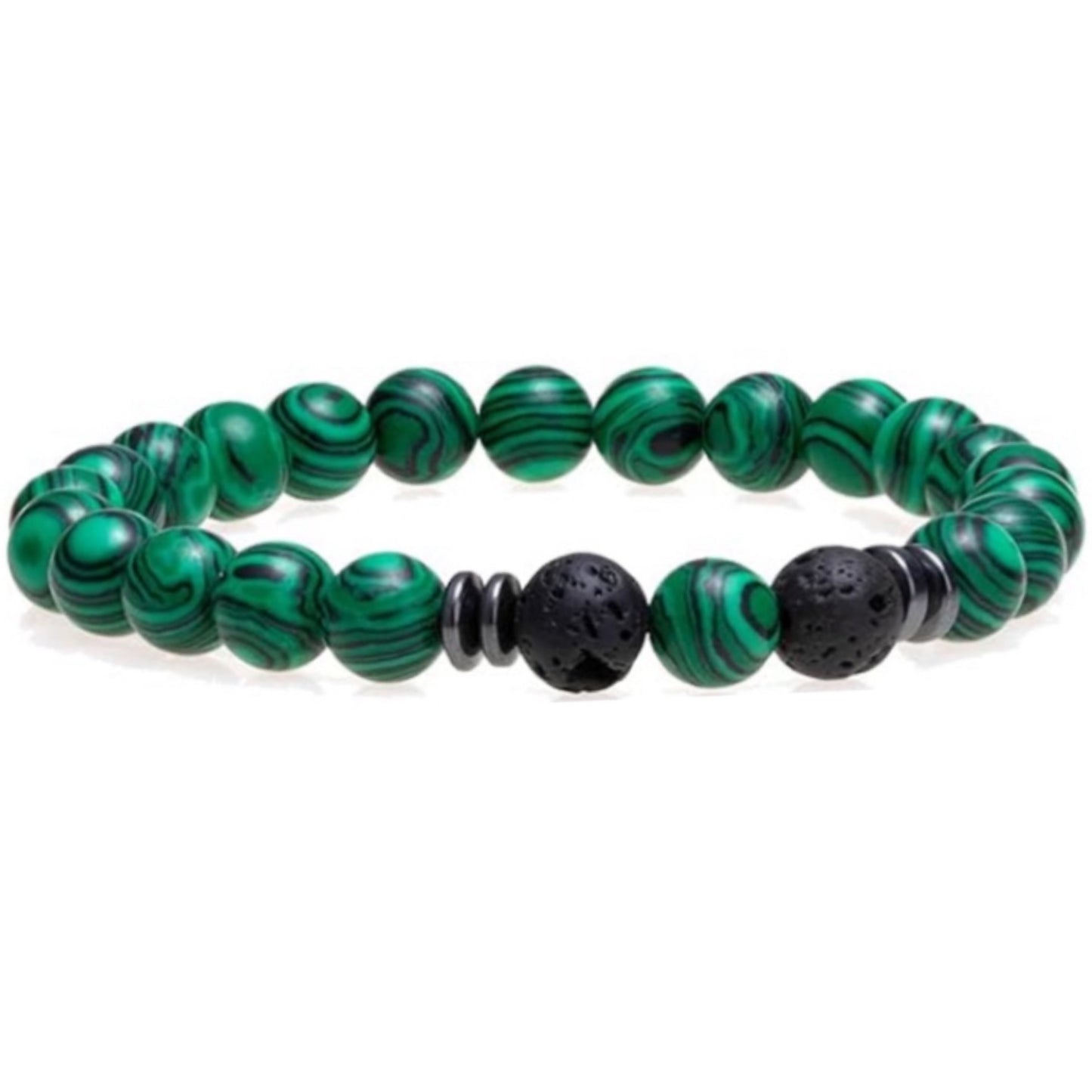 Green Malachite-Style Beaded Bracelet with Lava Stone Accents – Stretch Aromatherapy Bracelet