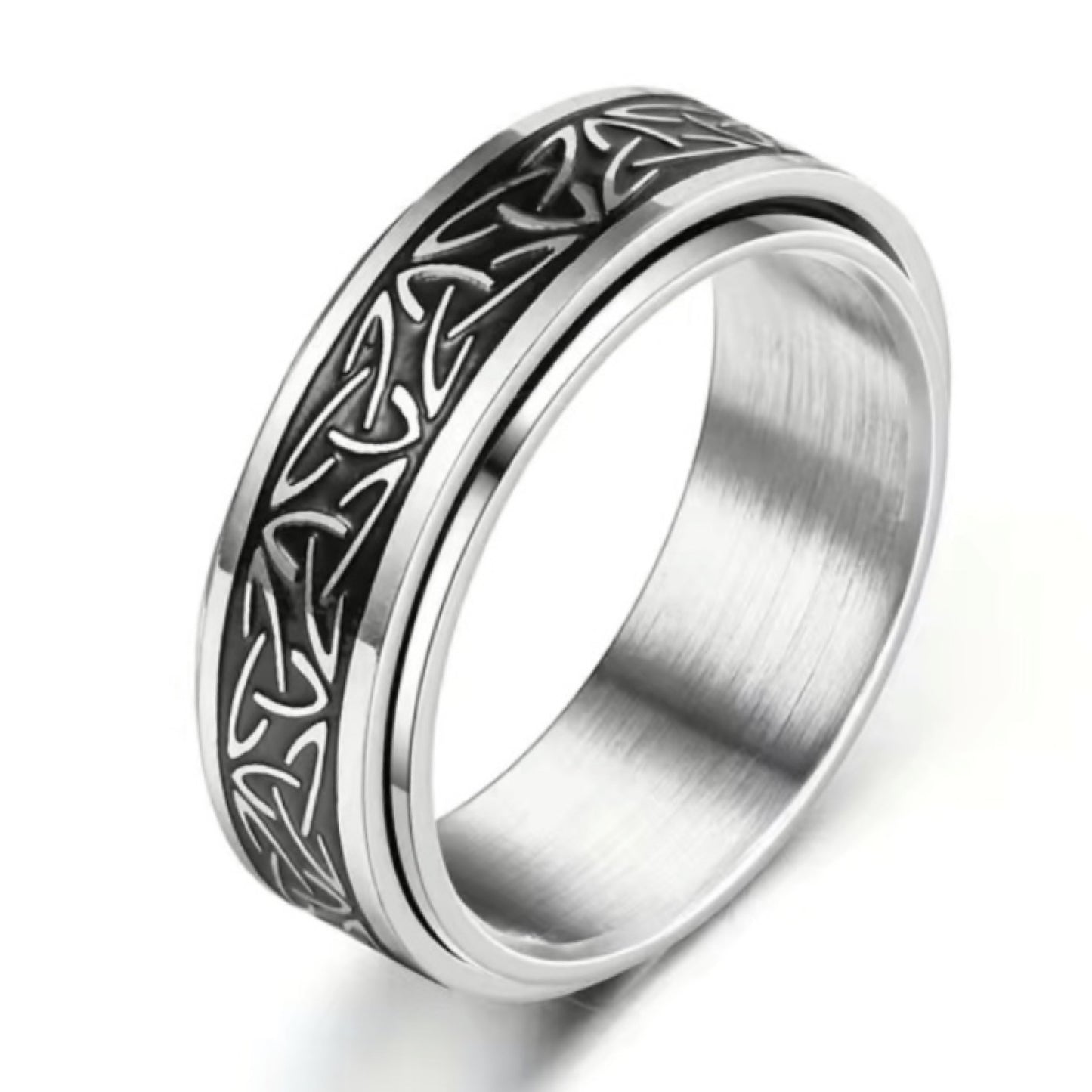 Stainless Steel Celtic Knot Spinner Ring - Silver Black Band