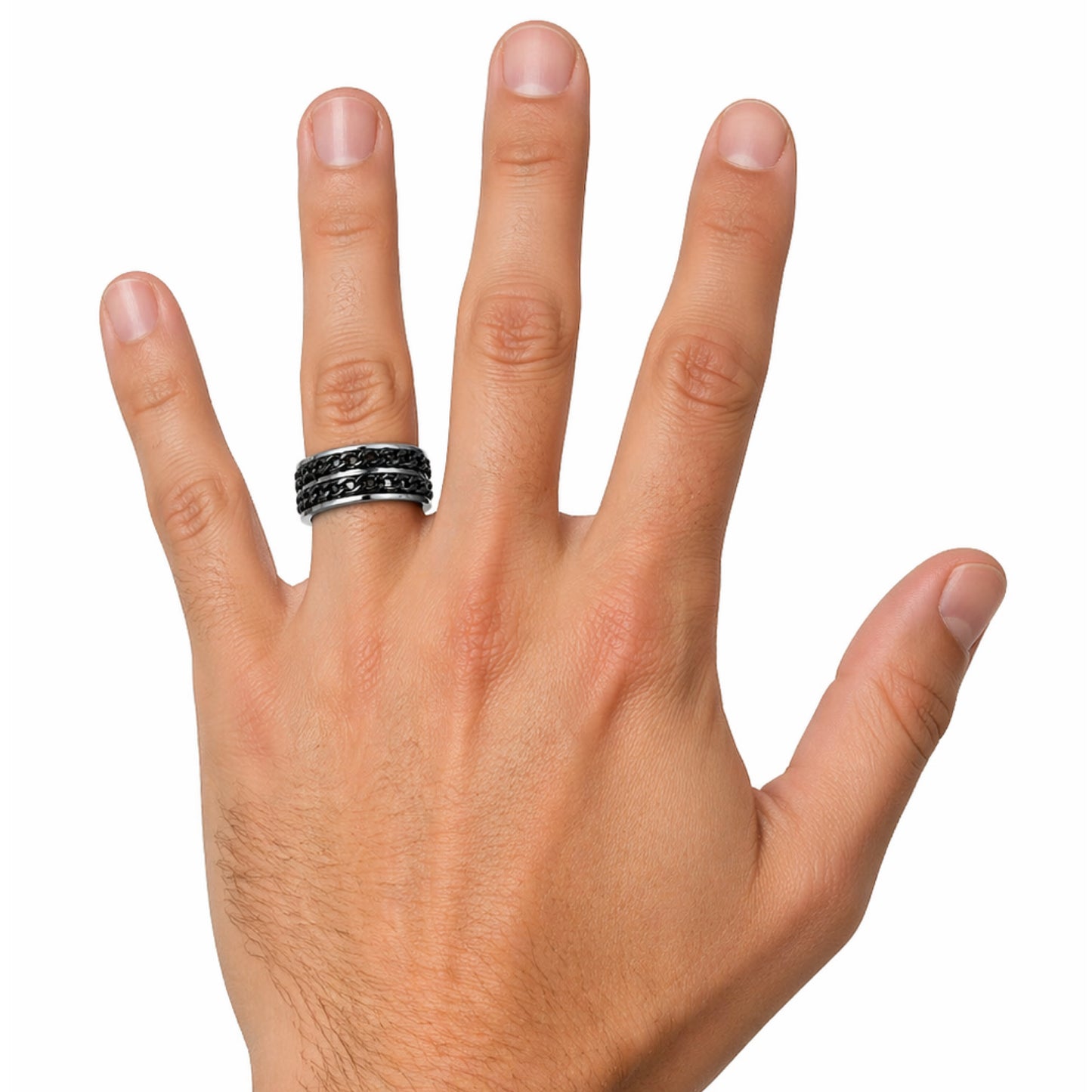 Silver Black Wide Double Chain Fidget Spinner Ring
