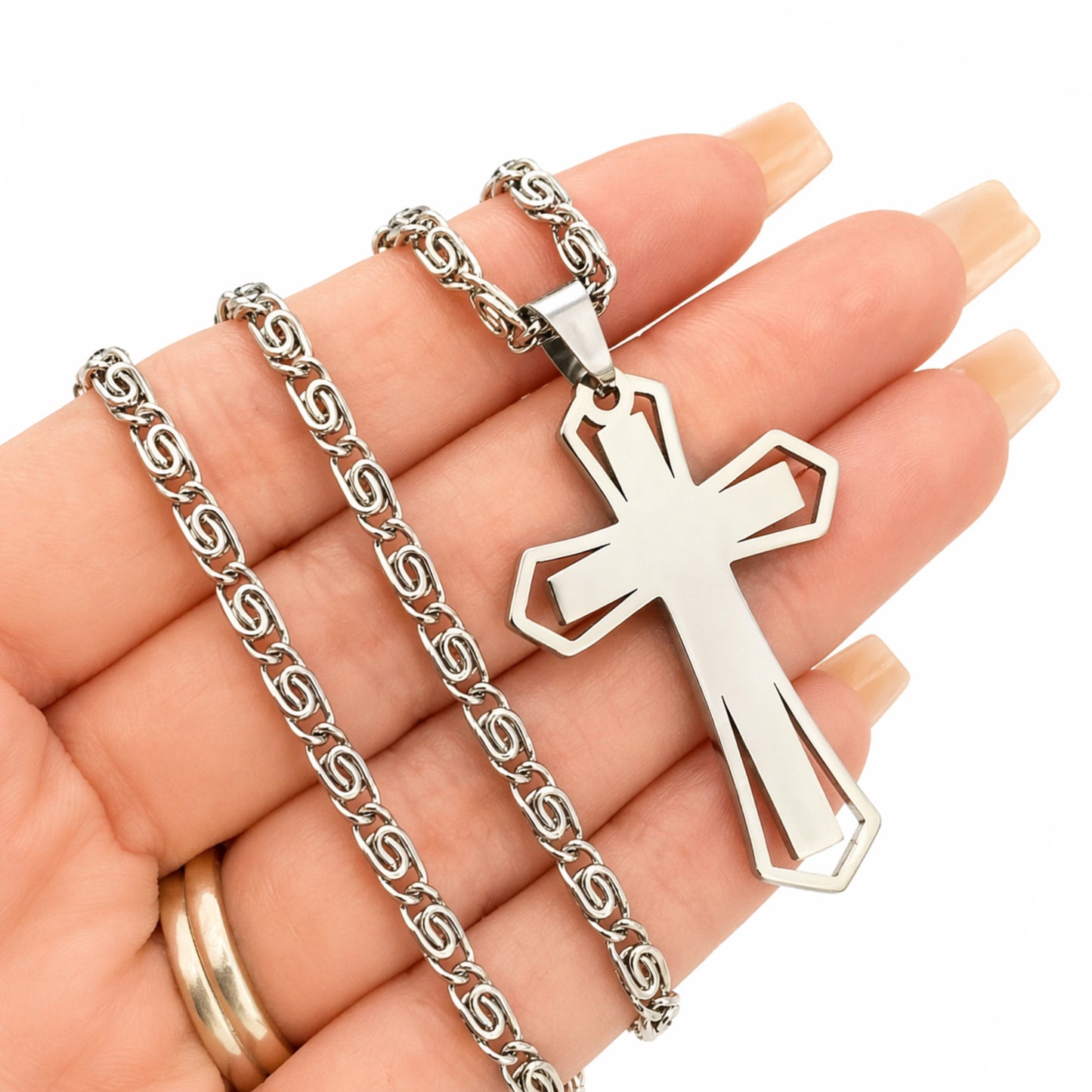 Silver Stainless Steel Cross Necklace CZ Pendant – 20” Chain