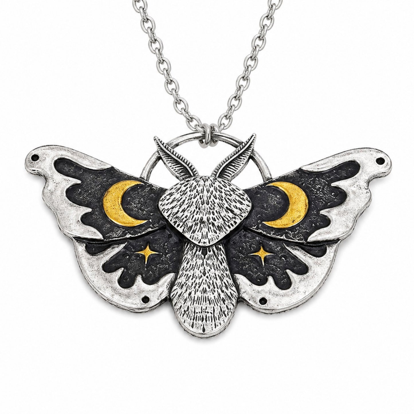 Silver Moth Necklace with Crescent Moon & Star Pendant