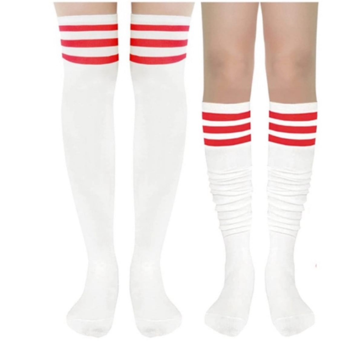 White Thigh High Over the Knee Socks with Red Stripes