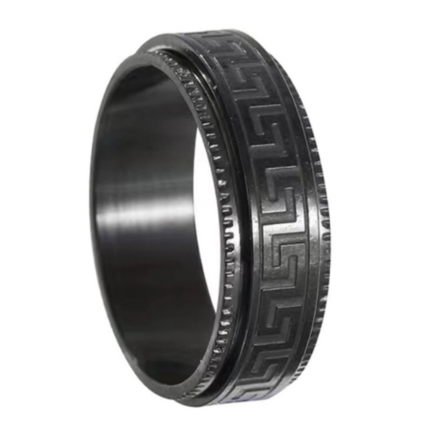 Black Greek Key Spinner Ring – Stainless Steel