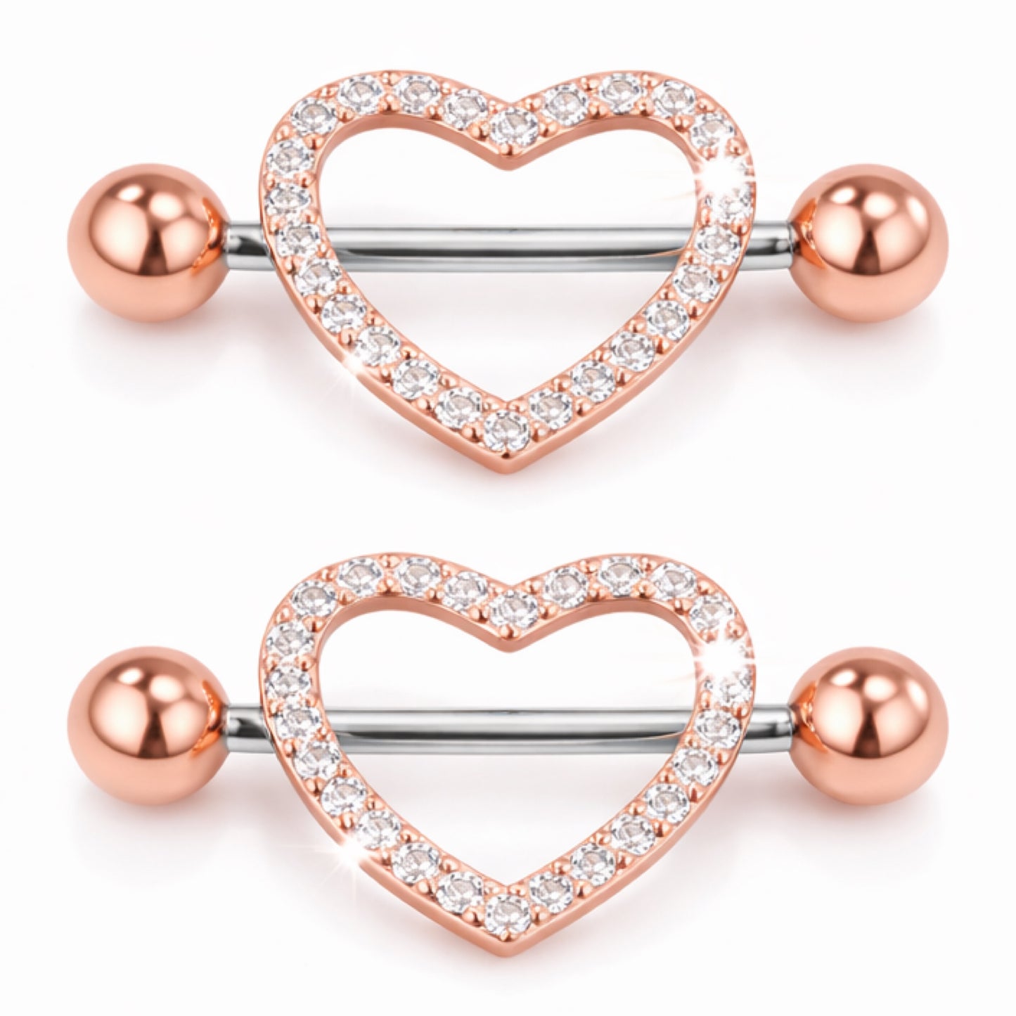 Rose Gold CZ Heart Barbell Nipple Rings