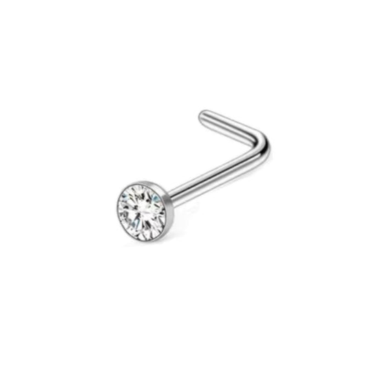 Silver Round CZ L Shaped Nose Ring