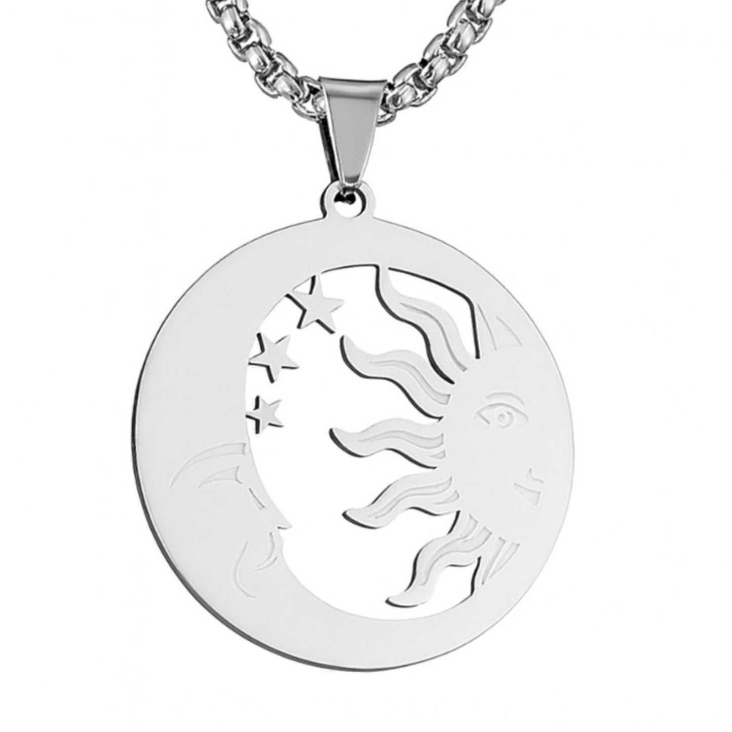 Stainless Steel Sun & Moon Pendant Necklace – 24” Chain