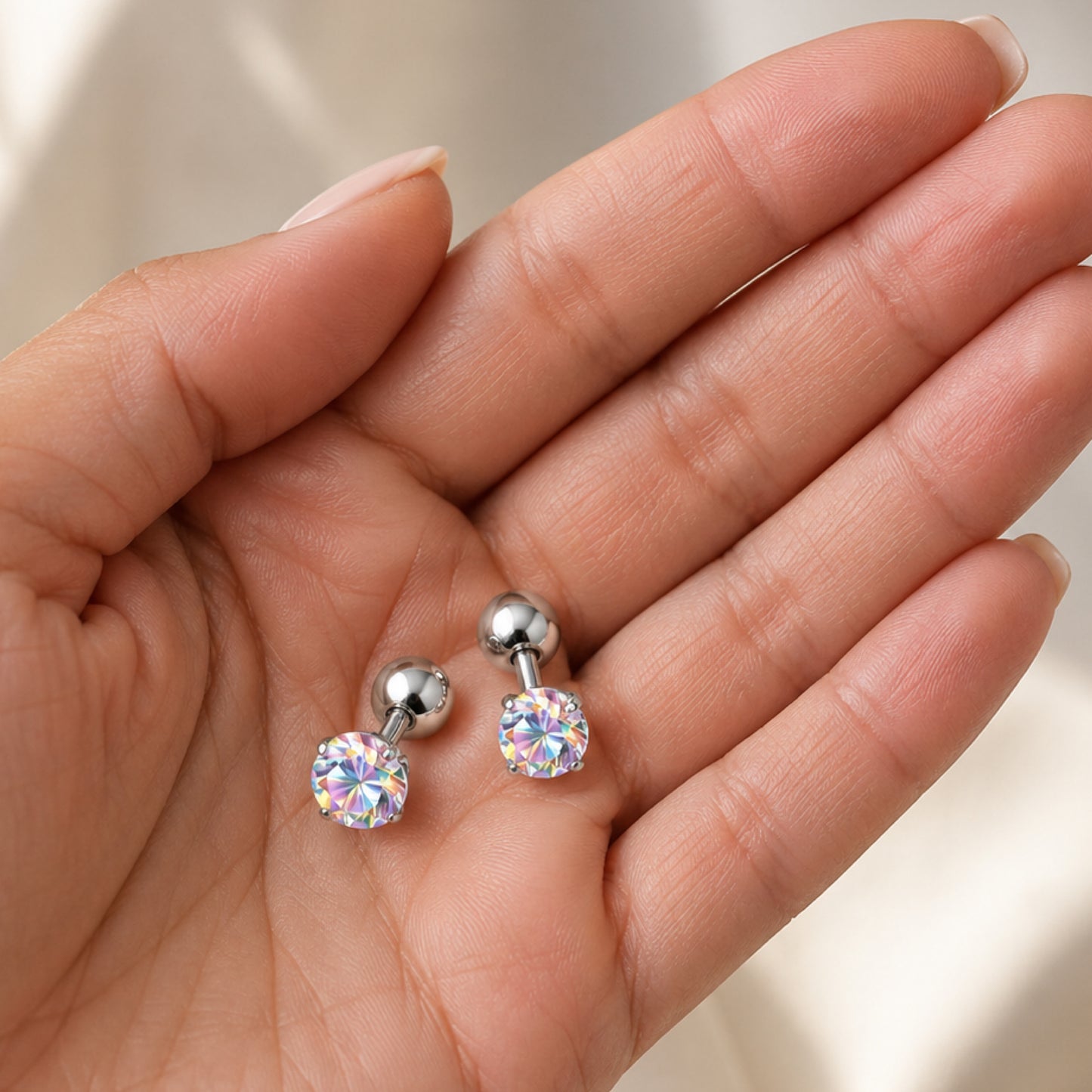 Stainless Steel Iridescent CZ Barbell Earrings – 16G 6mm