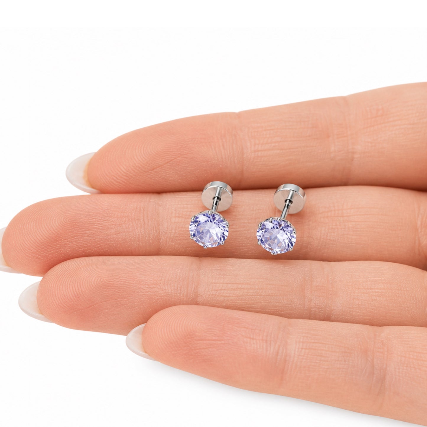Light Purple CZ Stud Earrings – 4mm Flat Screw Back