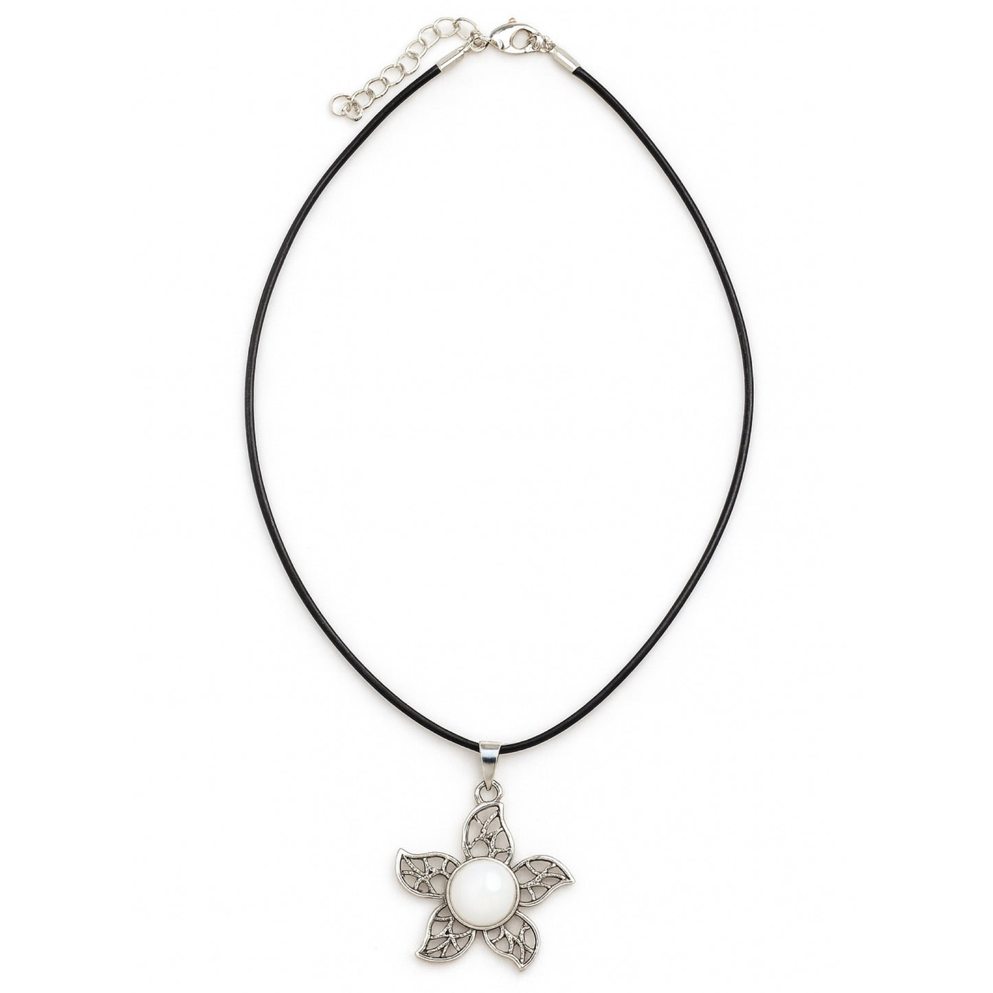 Silver Tone White Gemstone Flower Pendant Necklace | Boho Chic Floral Design