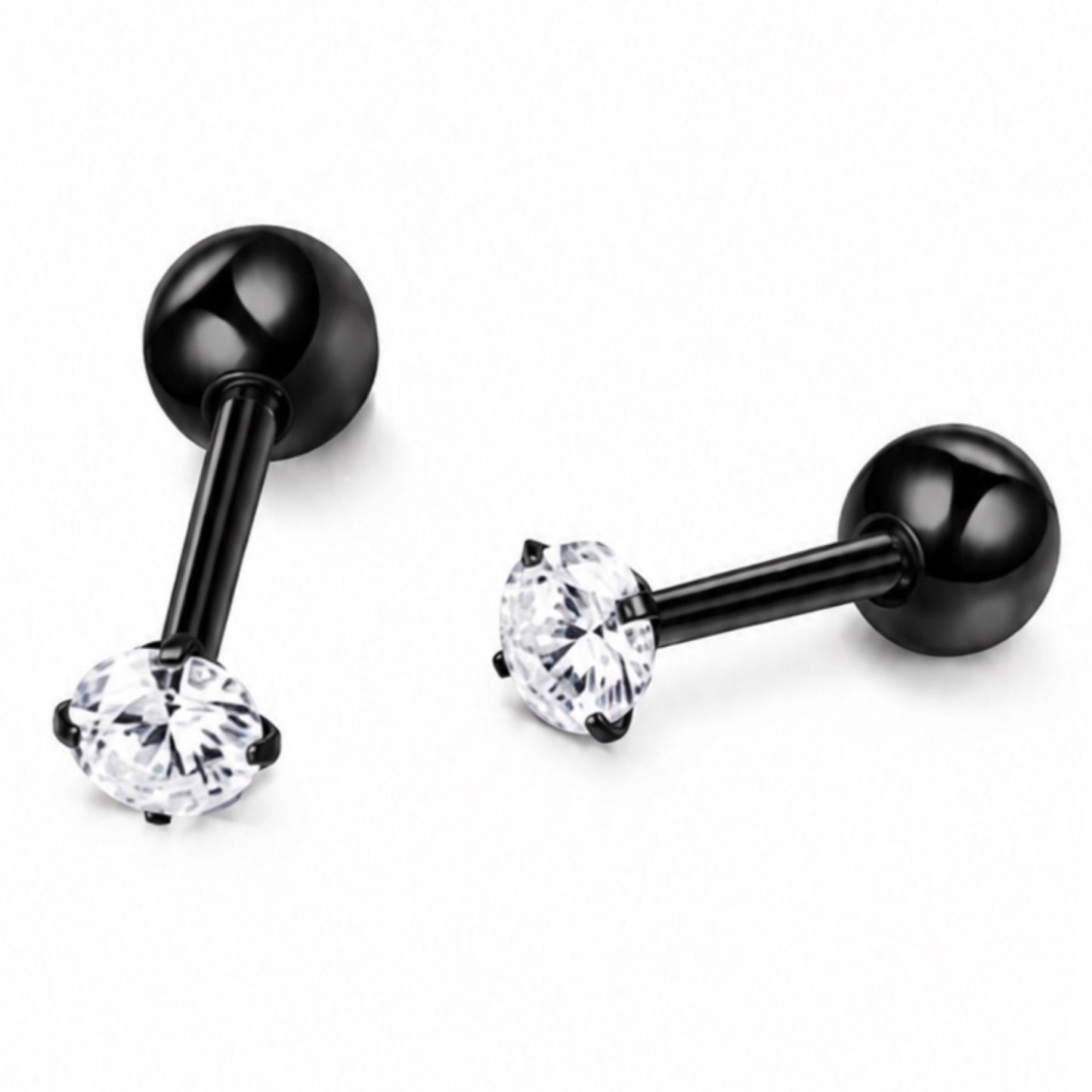 Black Stainless Steel CZ Barbell Earrings – 18G 4mm