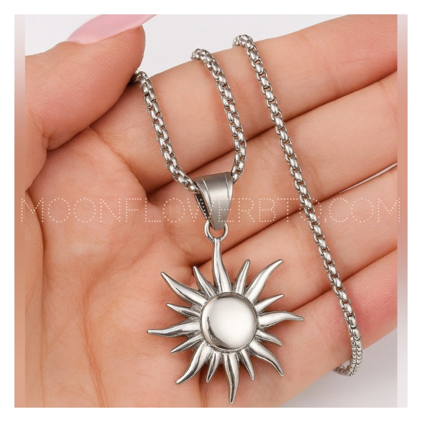 Silver Sunburst Pendant Necklace – 24” Stainless Steel