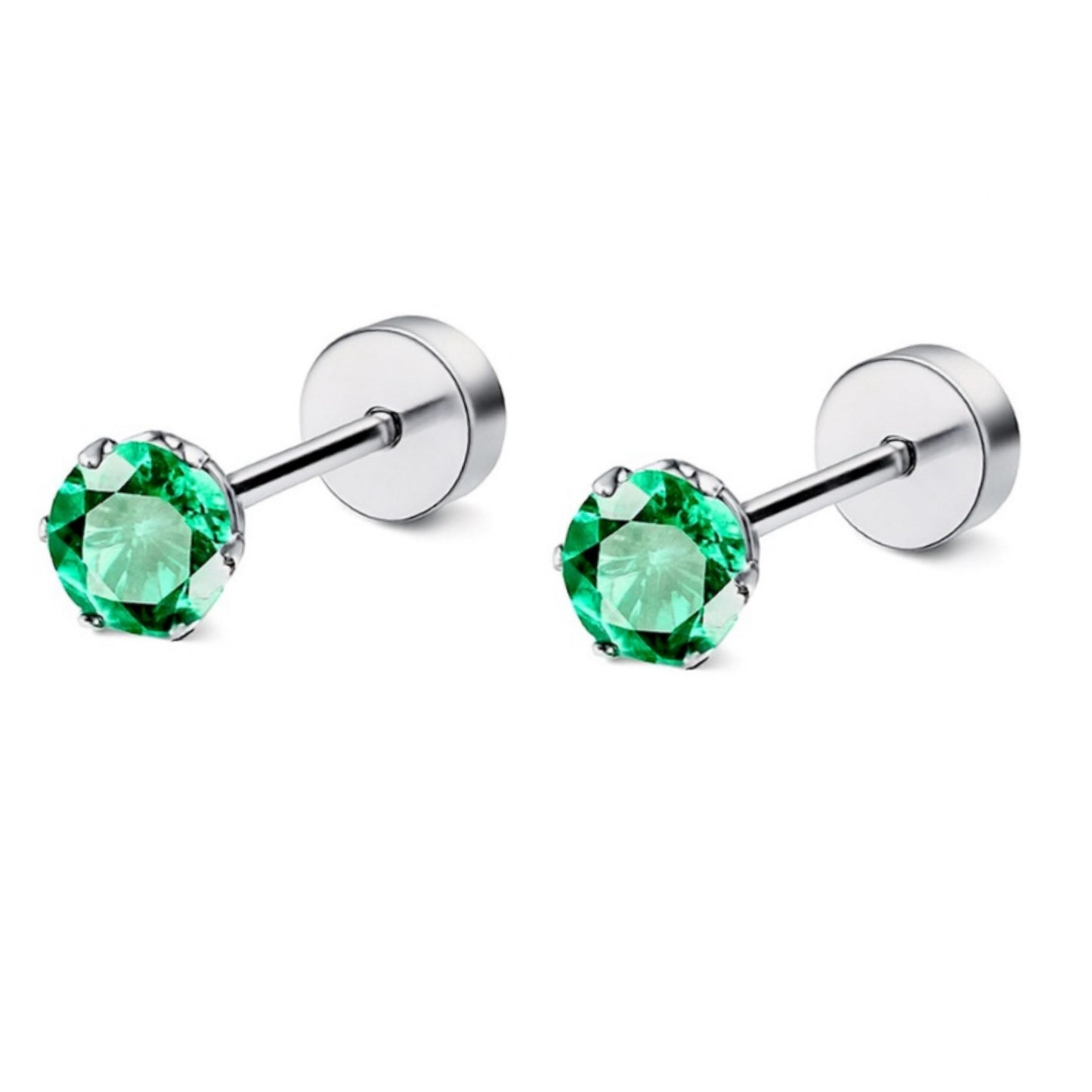 4mm Green CZ Flat Back Earrings |Stainless Steel Hypoallergenic Studs | Cartilage Helix Tragus Lobe Piercing