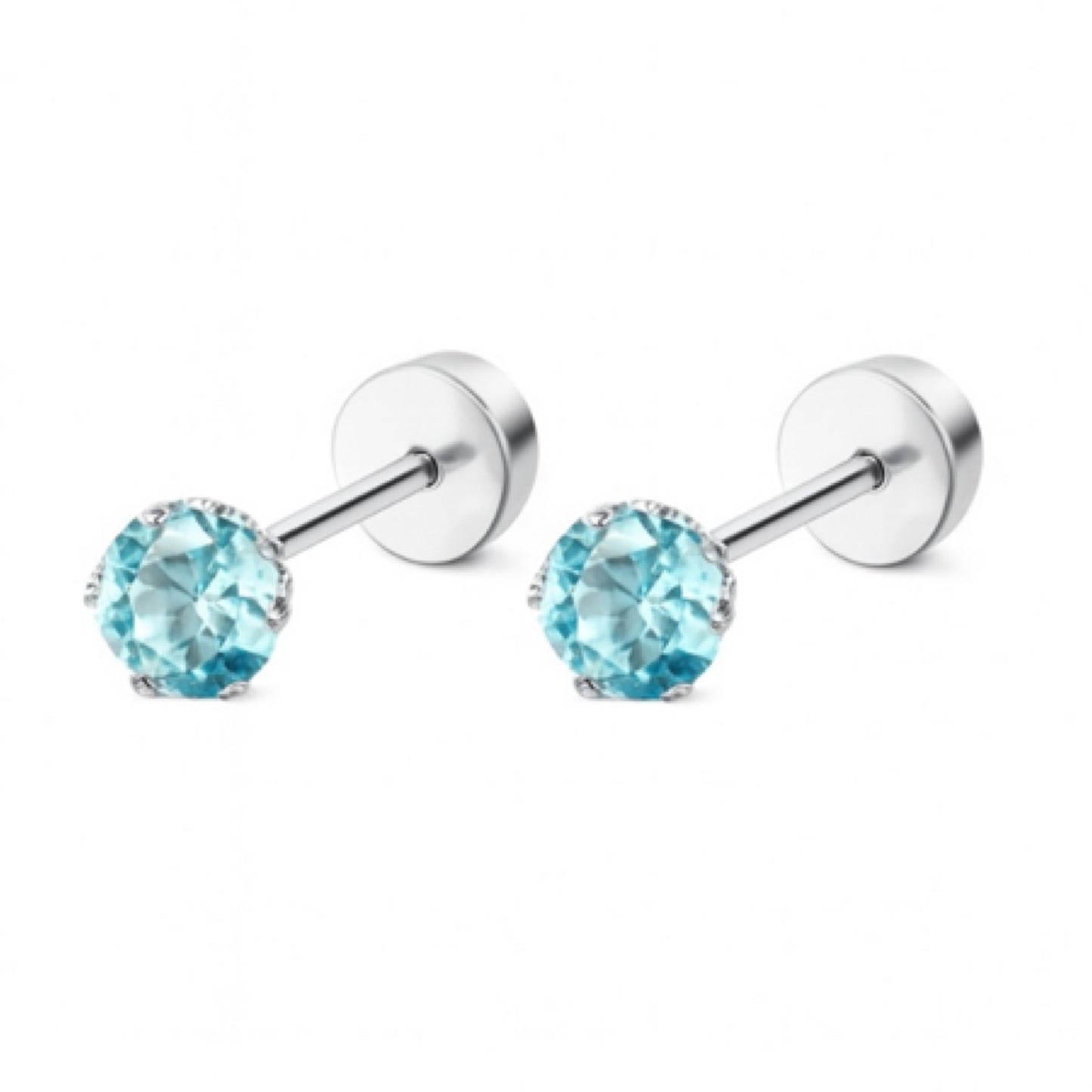 4mm Light Blue CZ Flat Back Earrings – Stainless Steel Hypoallergenic Cartilage Helix Tragus Stud