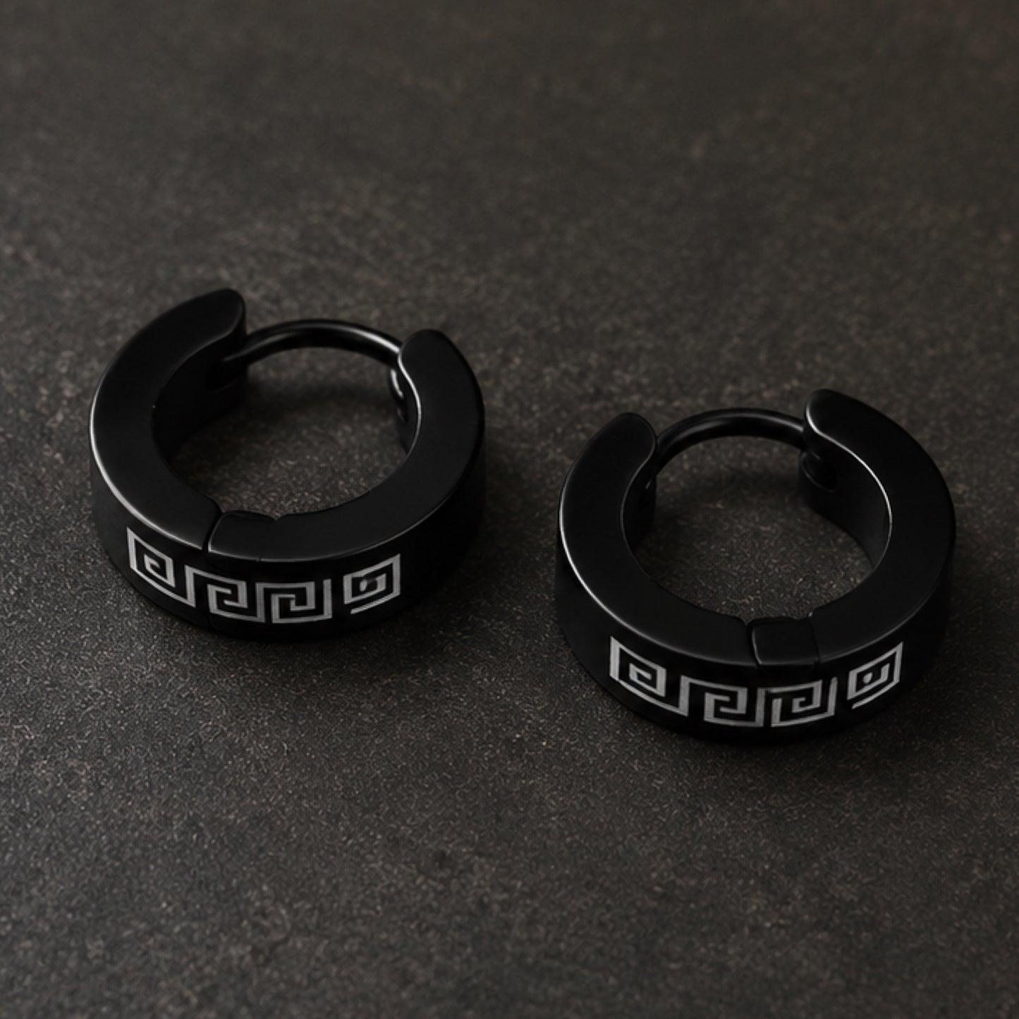 Black Greek Key Huggie Hoop Earrings – 20G 8mm