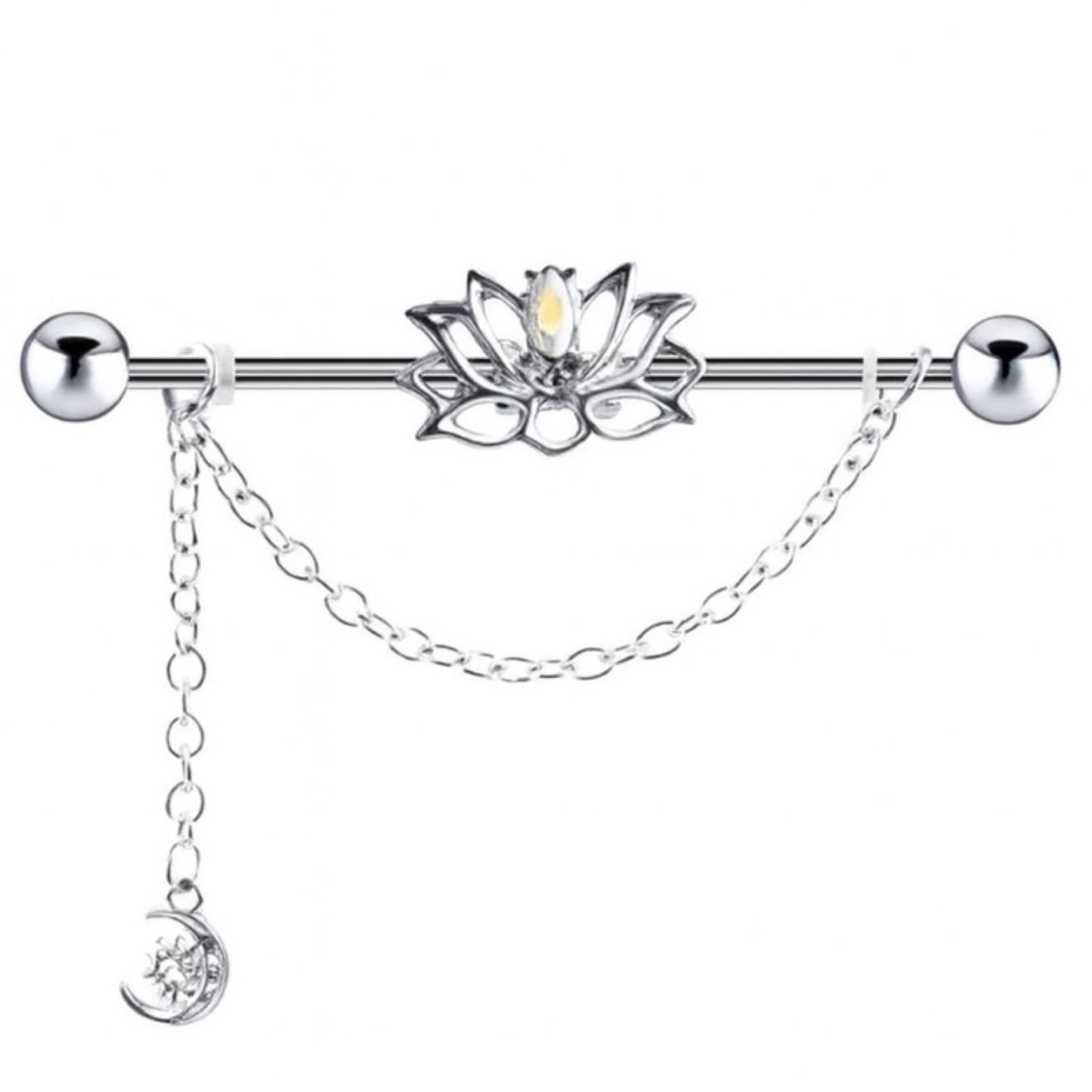 14G 38mm Lotus Flower Industrial Barbell Earring | Moon Dangle Chain