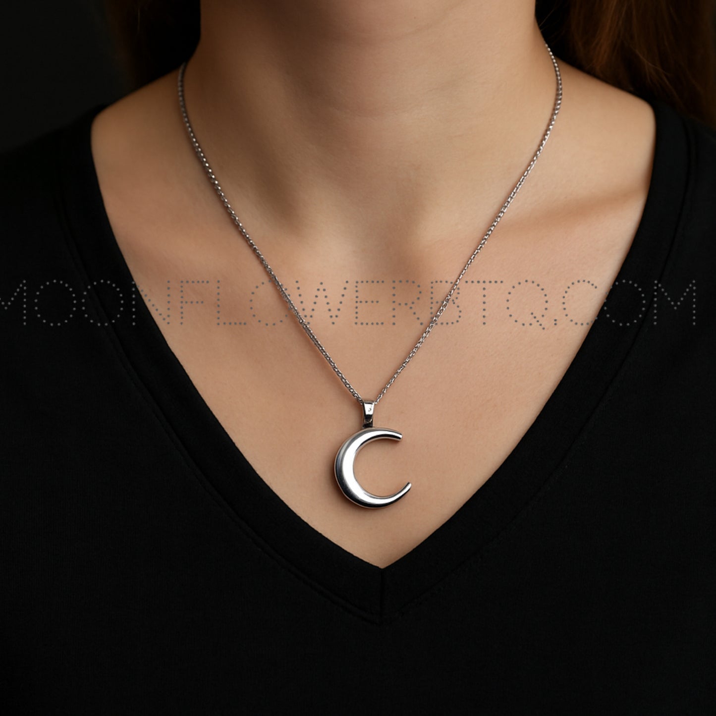 Silver Stainless Steel Crescent Moon Necklace 20” Chain