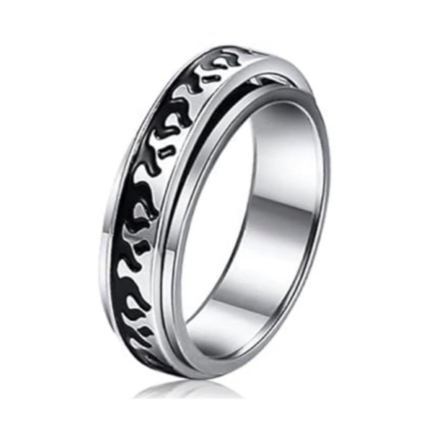 Stainless Steel Flame Fidget Spinner Ring - Black & Silver Band