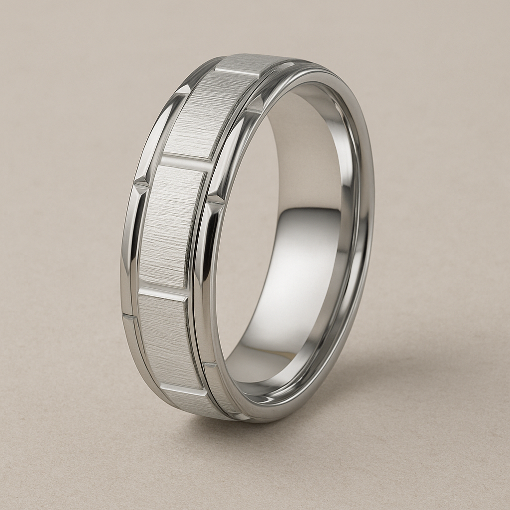 Men’s Silver Stainless Steel Wedding Band Ring 8mm Brushed & Polished Geometric Grooved Edge