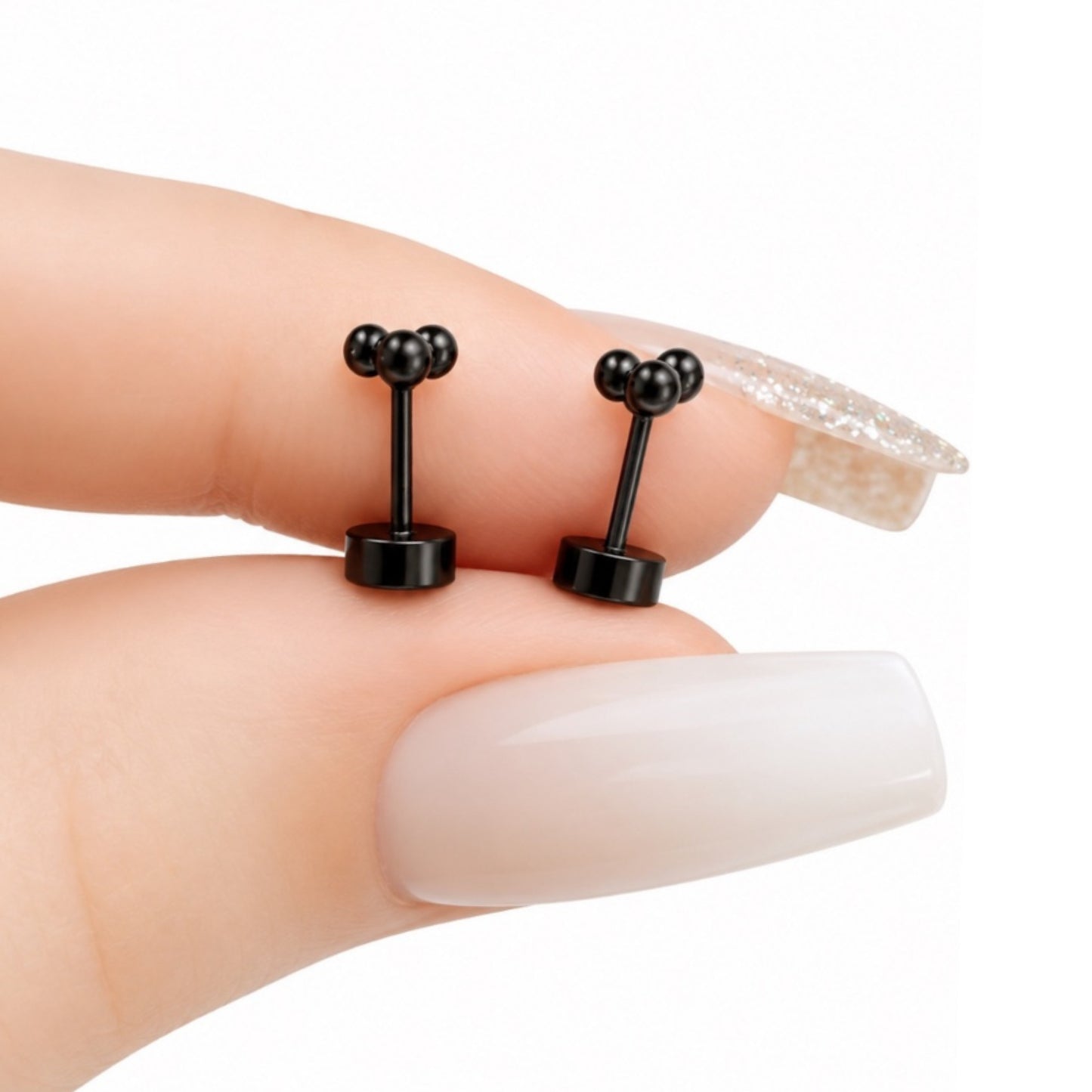 Black Triple Ball Cluster Flat Back Stud Earrings