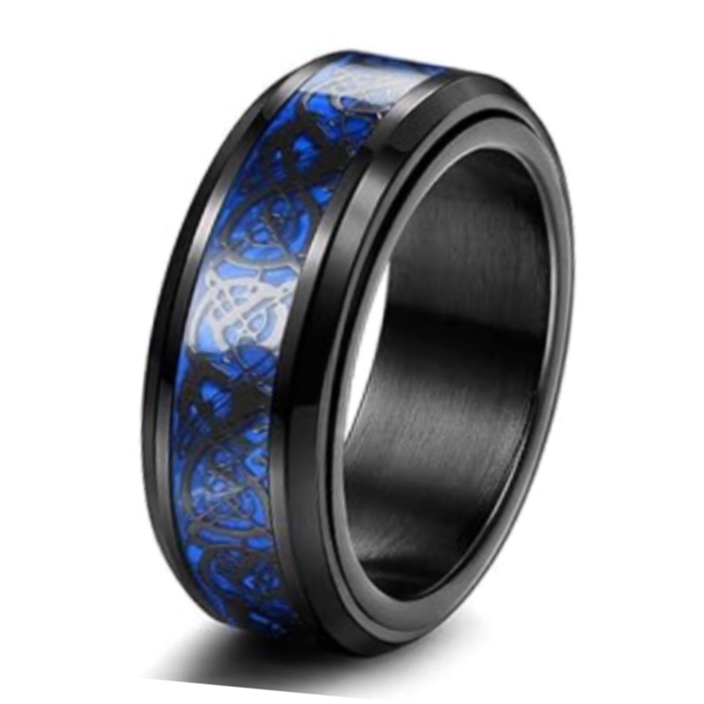 Men’s Black Tungsten Ring with Blue Celtic Inlay – 8mm Comfort Fit Band