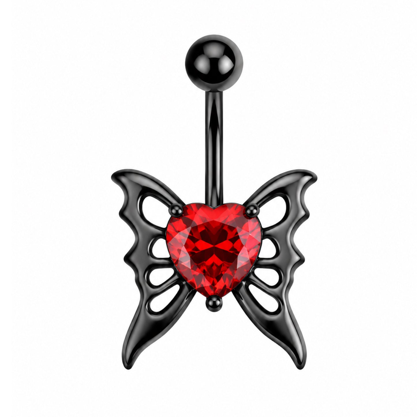 Black Red CZ Butterfly Heart Navel Belly Ring