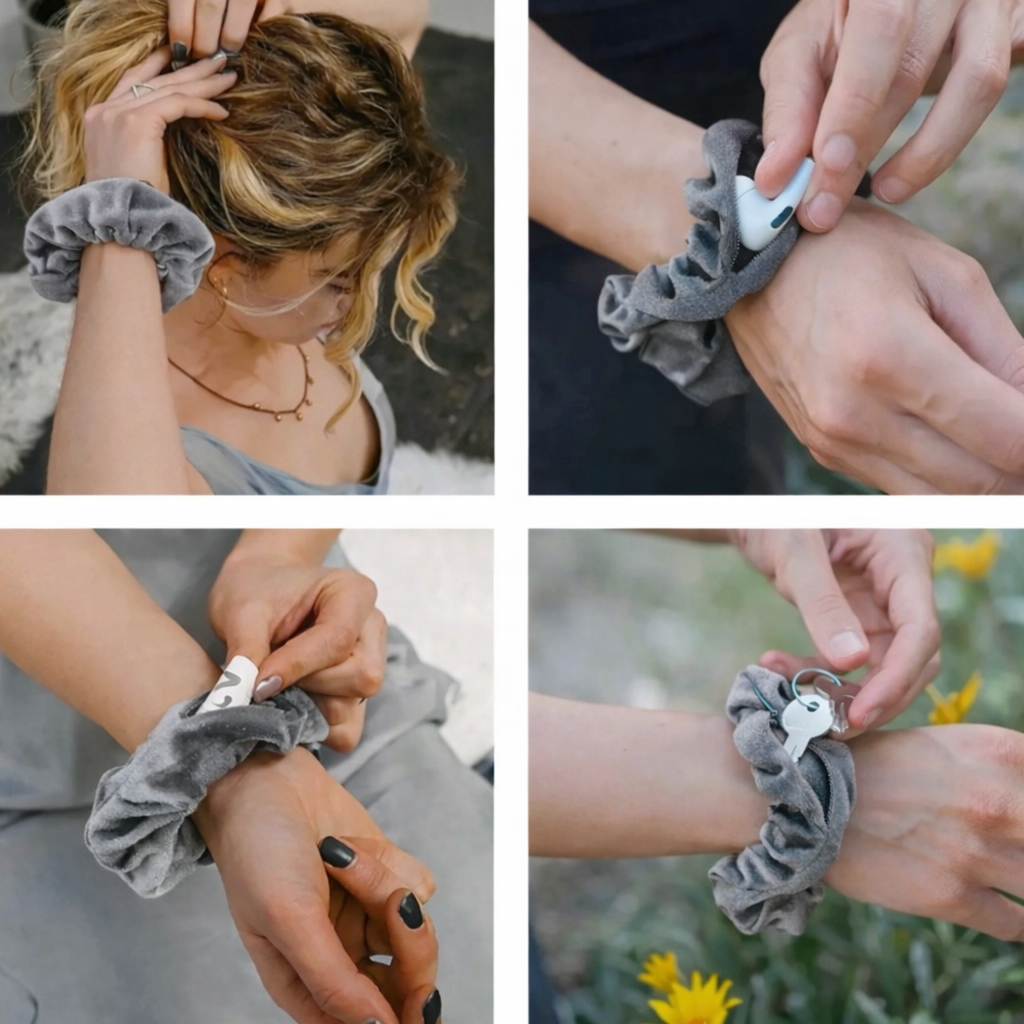 Gray Velvet Stash Scrunchie with Hidden Zipper Pocket – Hair Tie & Wristband Accessory