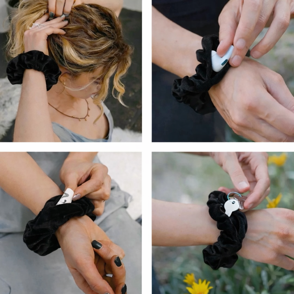Black Velvet Hidden Pocket Zipper Scrunchie Hair Tie