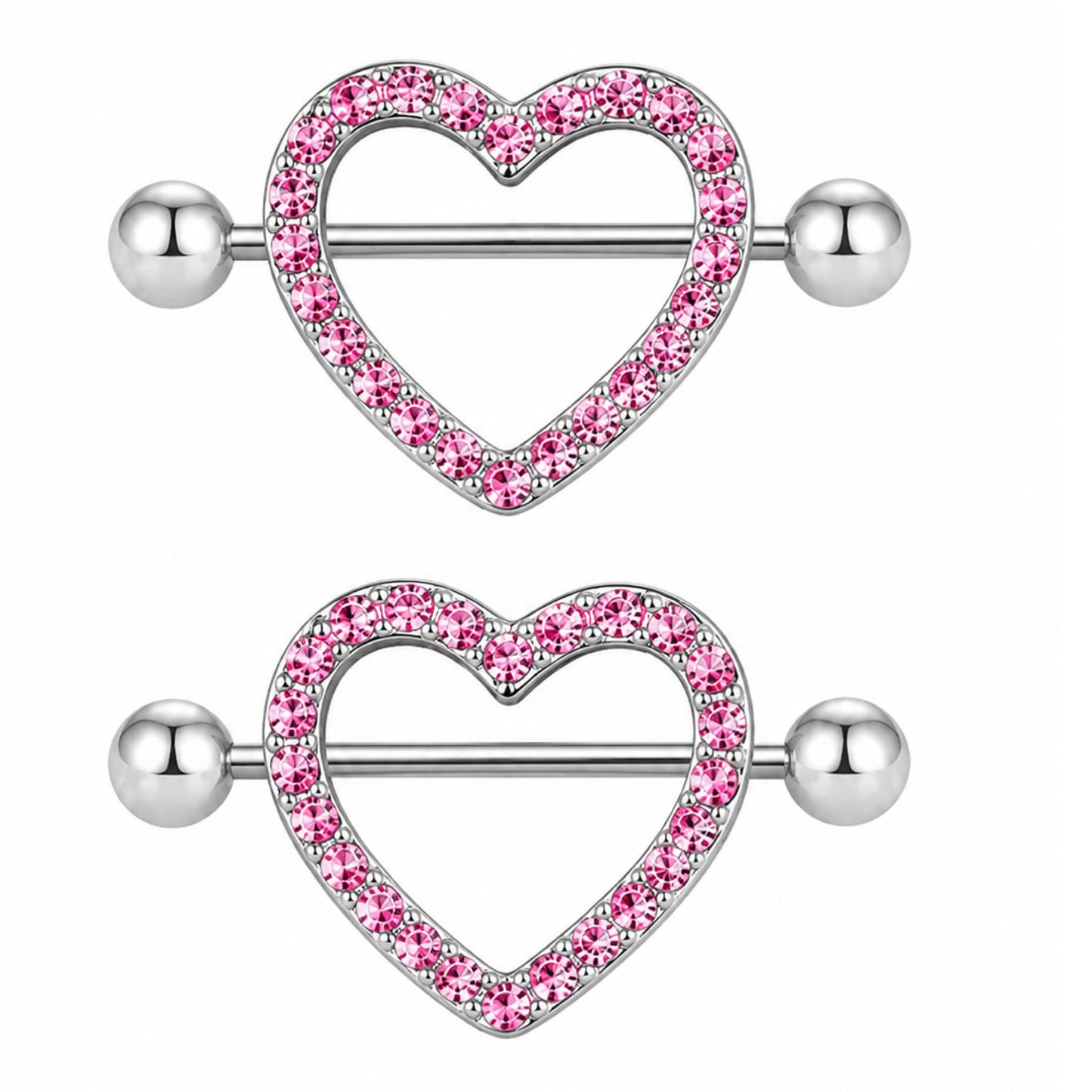 Pink Pave CZ Heart Barbell Nipple Rings