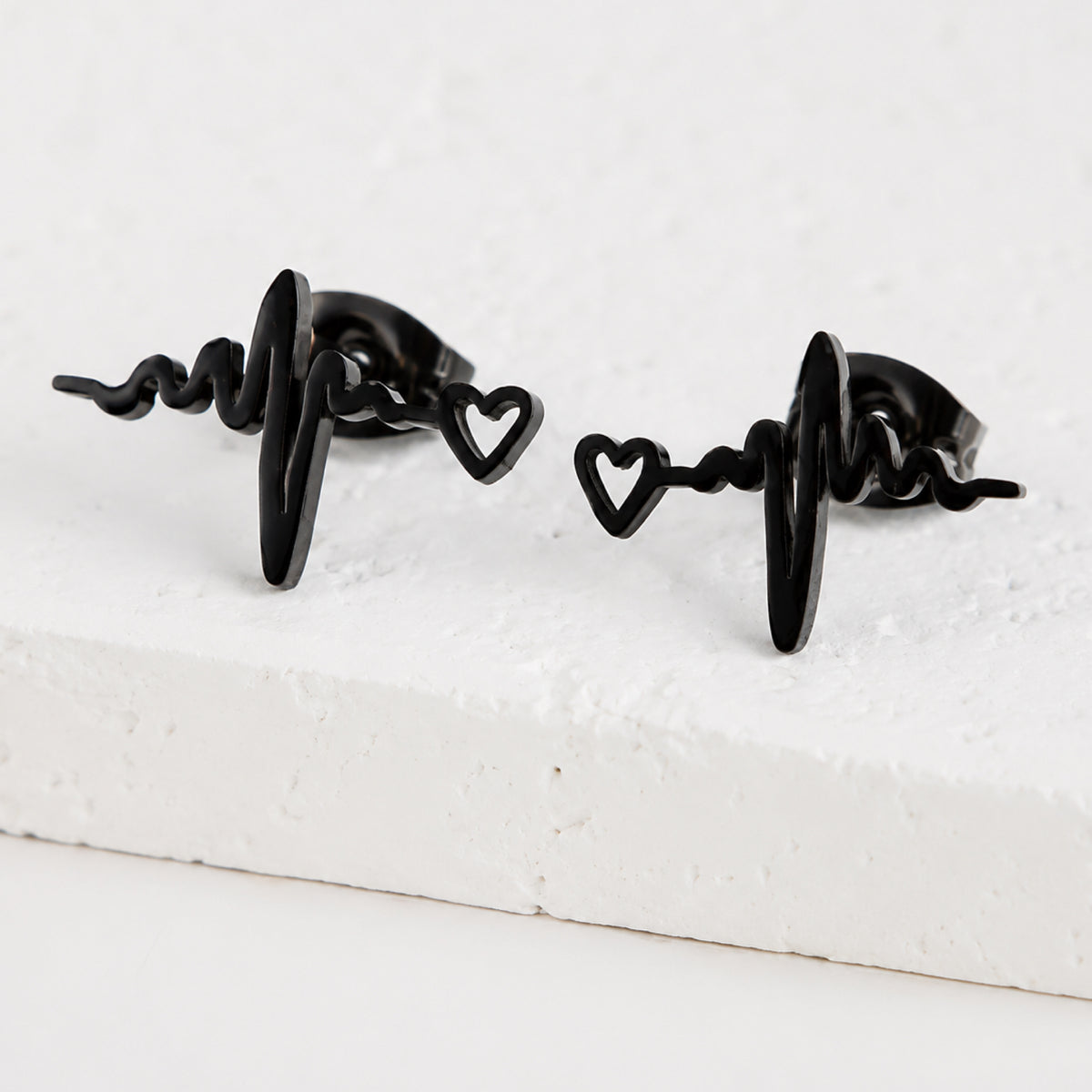 Black EKG Heartbeat Stud Earrings
