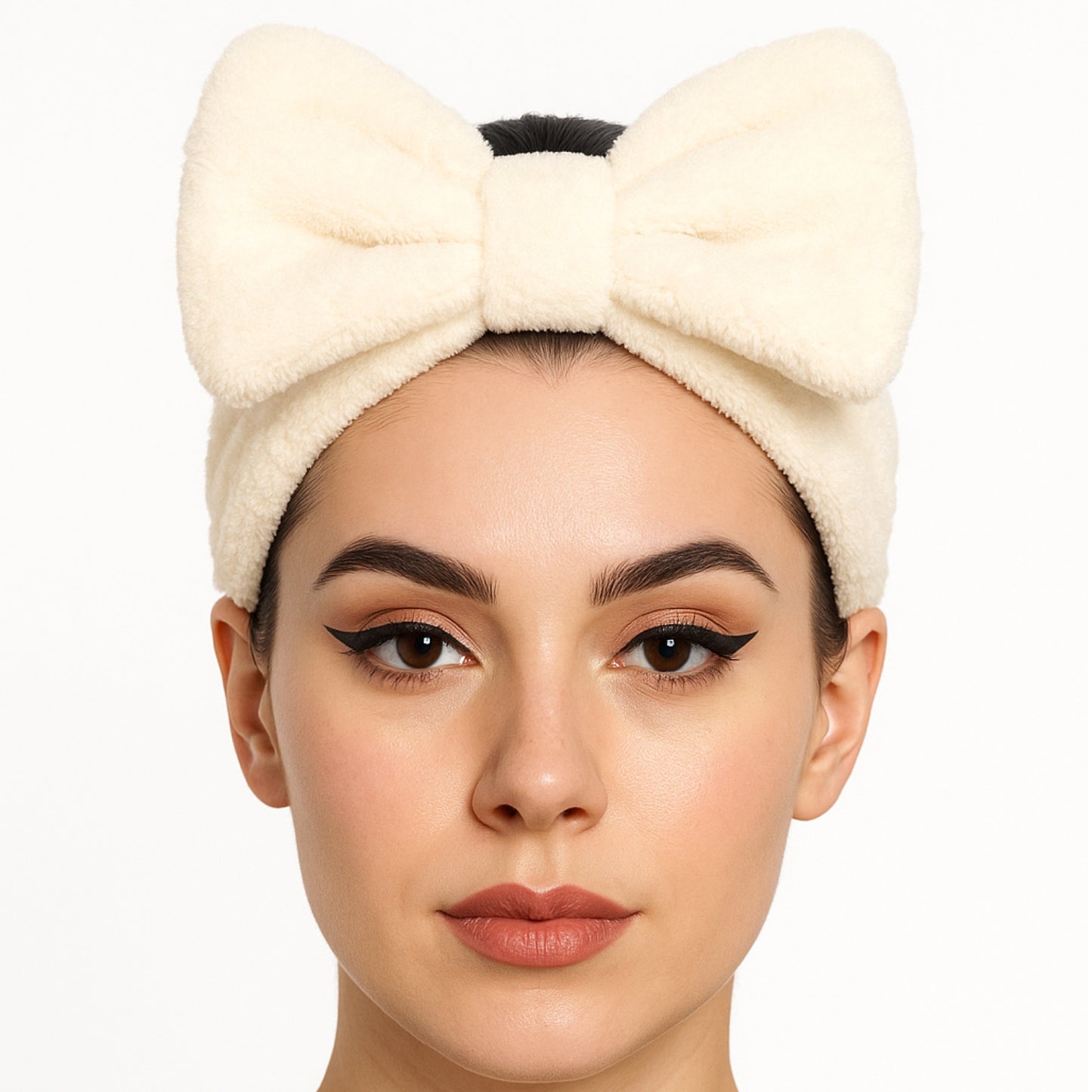 Cream Plush Bow Spa Headband – Soft Fleece Skincare & Makeup Hair Wrap