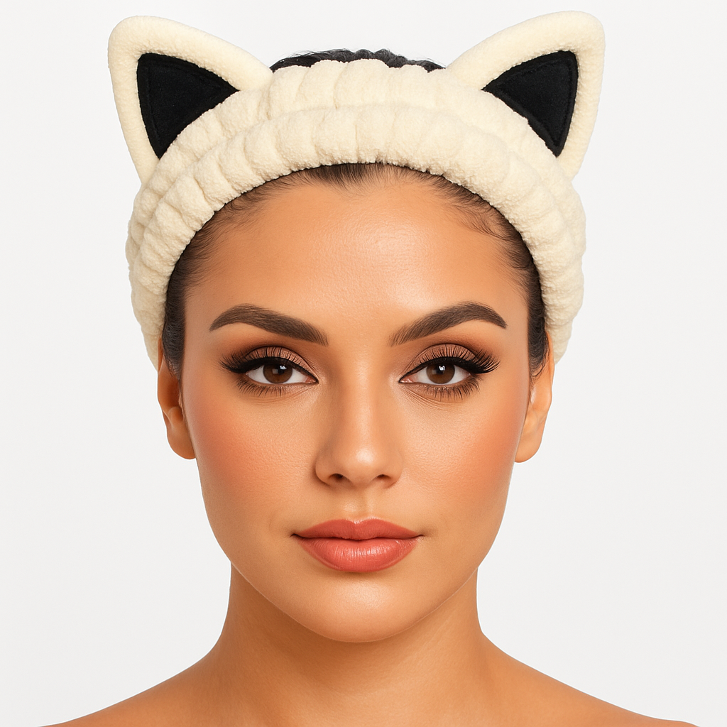 Plush Cat Ear Spa Headband – Cream & Black Soft Makeup Hair Wrap